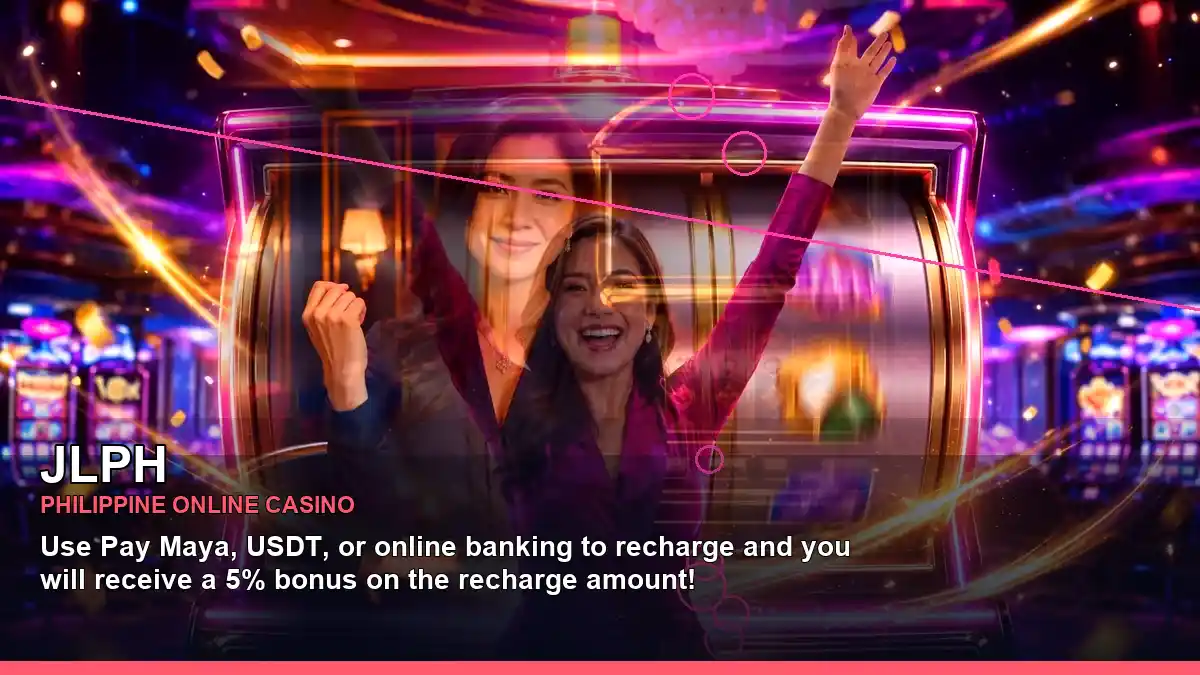 JLPH neon jackpot Slot games with an adult Filipina casino host in a centred composition