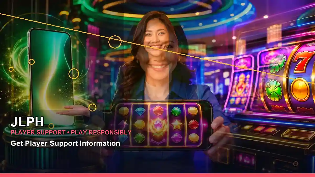 JLPH jackpot-themed slot artwork featuring an adult Filipina casino host in a close-up right-side composition